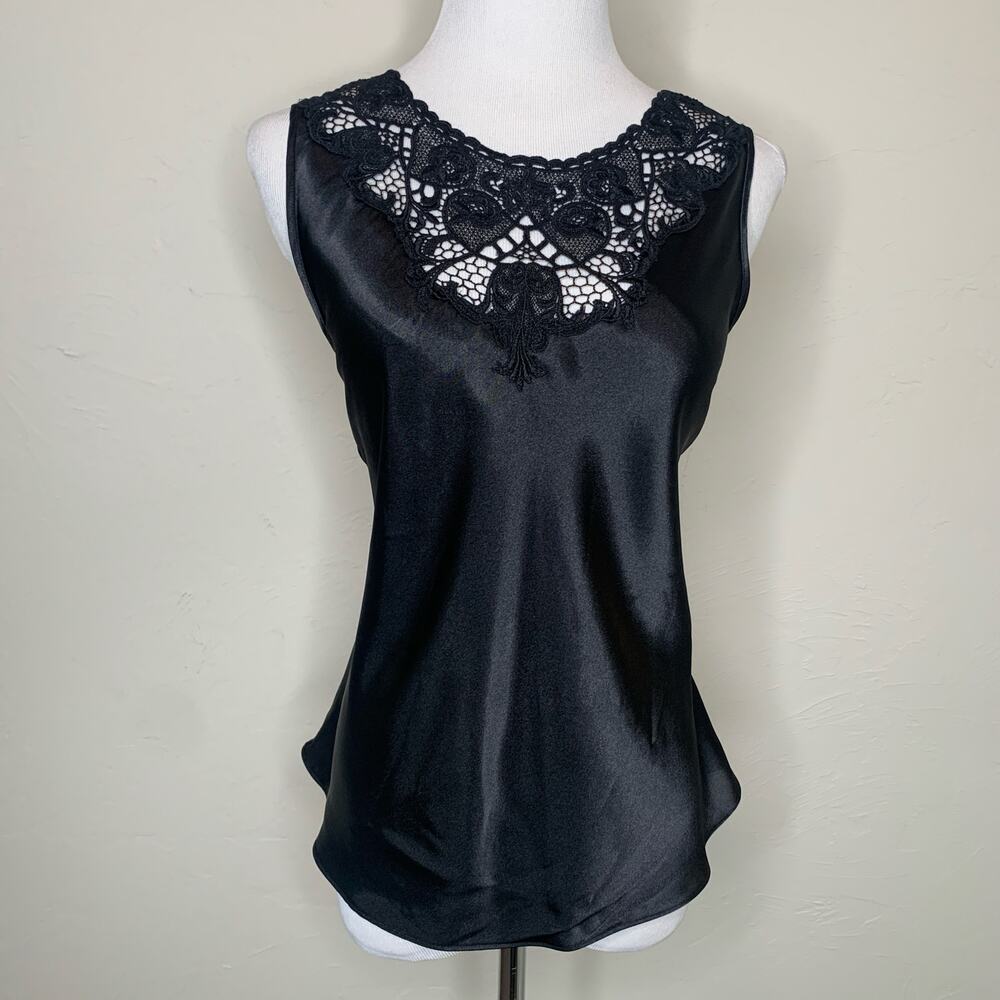 Cinema Etoile Black Satin Shell Lace Neckline Cutout Sz Large